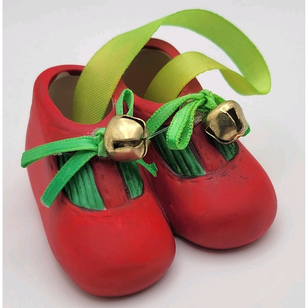 Vintage JASCO Little Shoes Christmas Ornament Red‎ Ceramic Bells Taiwan 2"